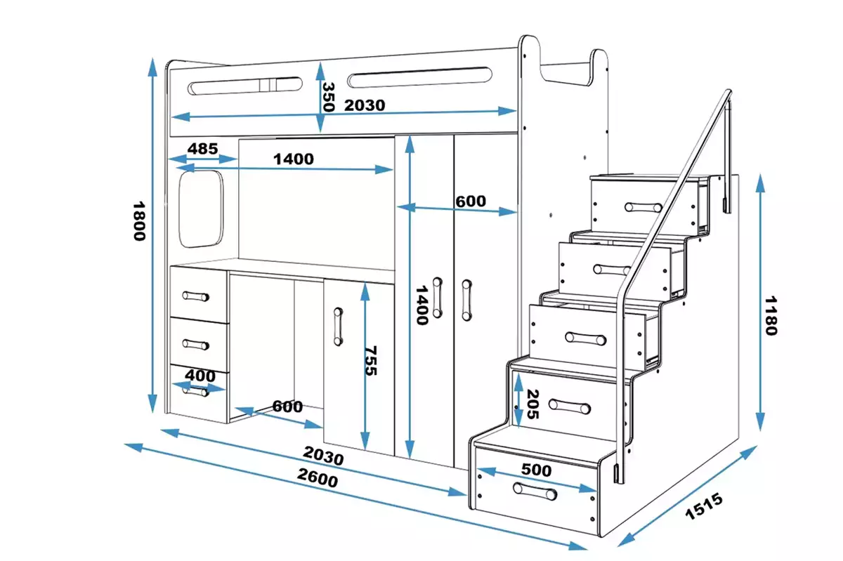 Rozměry a specifikace pro jednolůžkovou postel pro mládež MAX 4 80X200 s psacím stolem, zelená