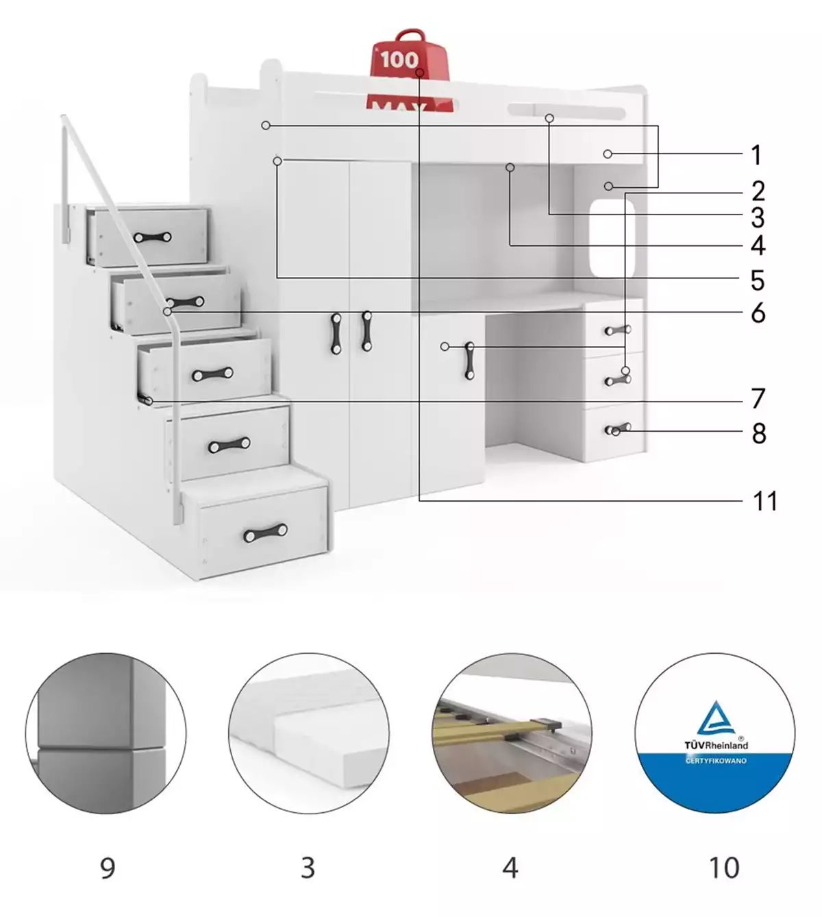 Komponenty pro mládež jednolůžko MAX 4 80X200 s matrací a psacím stolem, bílá