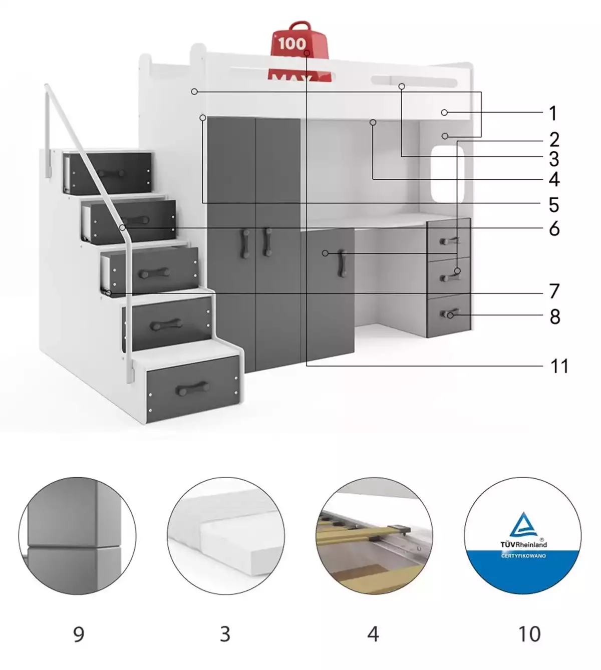 Komponenty pro Jednolůžko pro mládež MAX 4 80X200 s matrací a psacím stolem, grafit