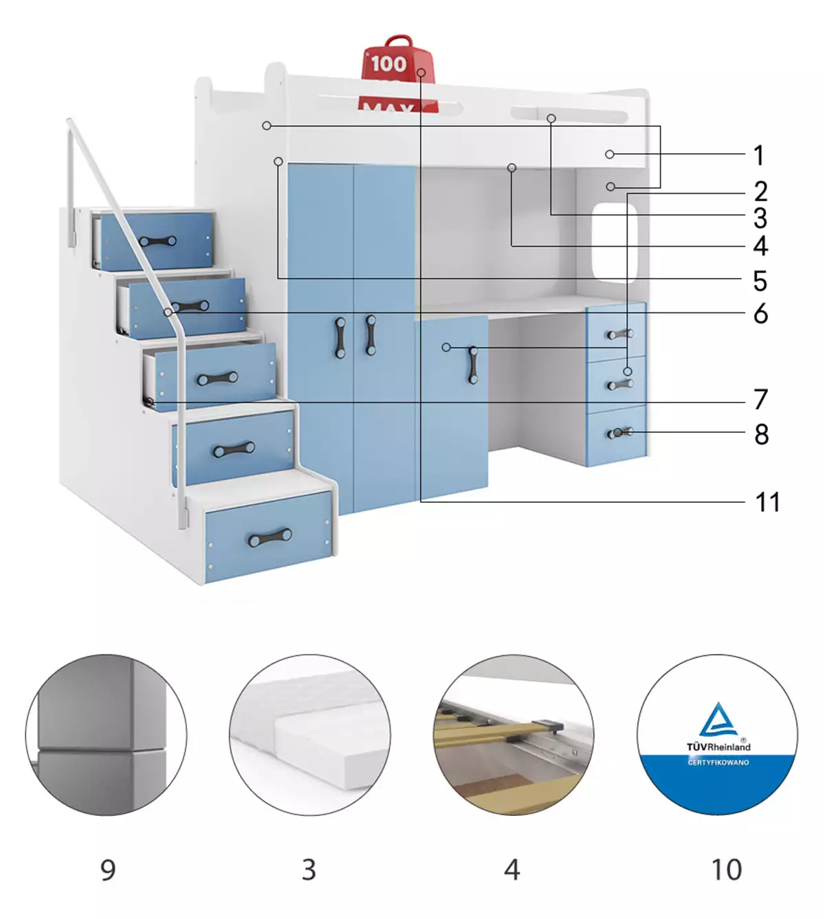 Komponenty pro Jednolůžko pro mládež MAX 4 80X200 s matrací a psacím stolem, modrá