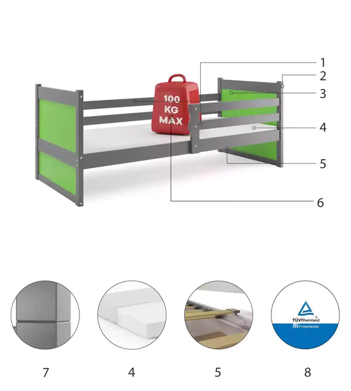 Komponenty pro jednolůžko RICO pro mládež 90X200, grafit/zelená