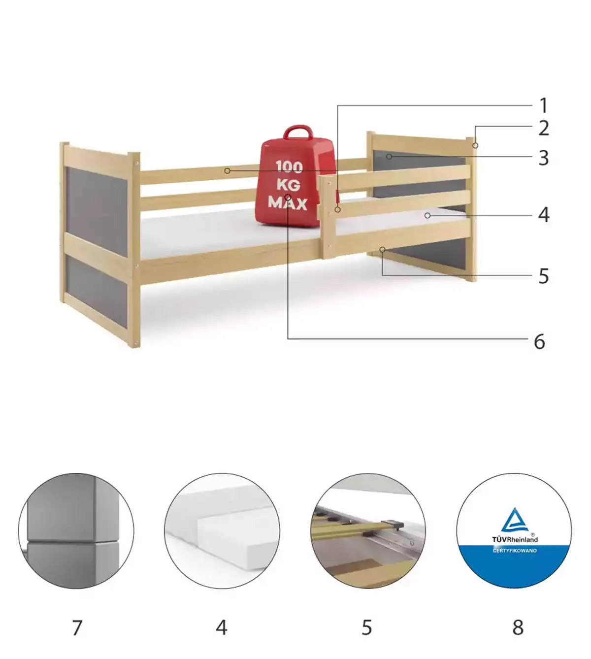 Komponenty pro jednolůžko pro mládež RICO 90X200, borovice/grafit