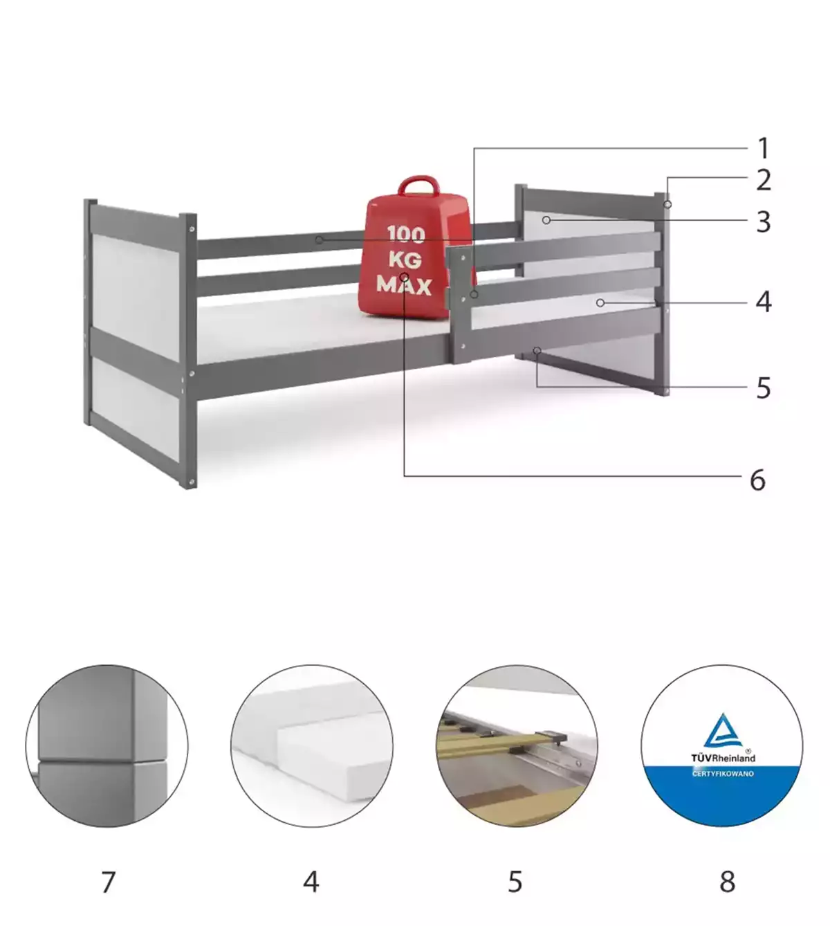 Komponenty pro jednolůžko pro mládež RICO 90X200 s matrací, grafit/bílá