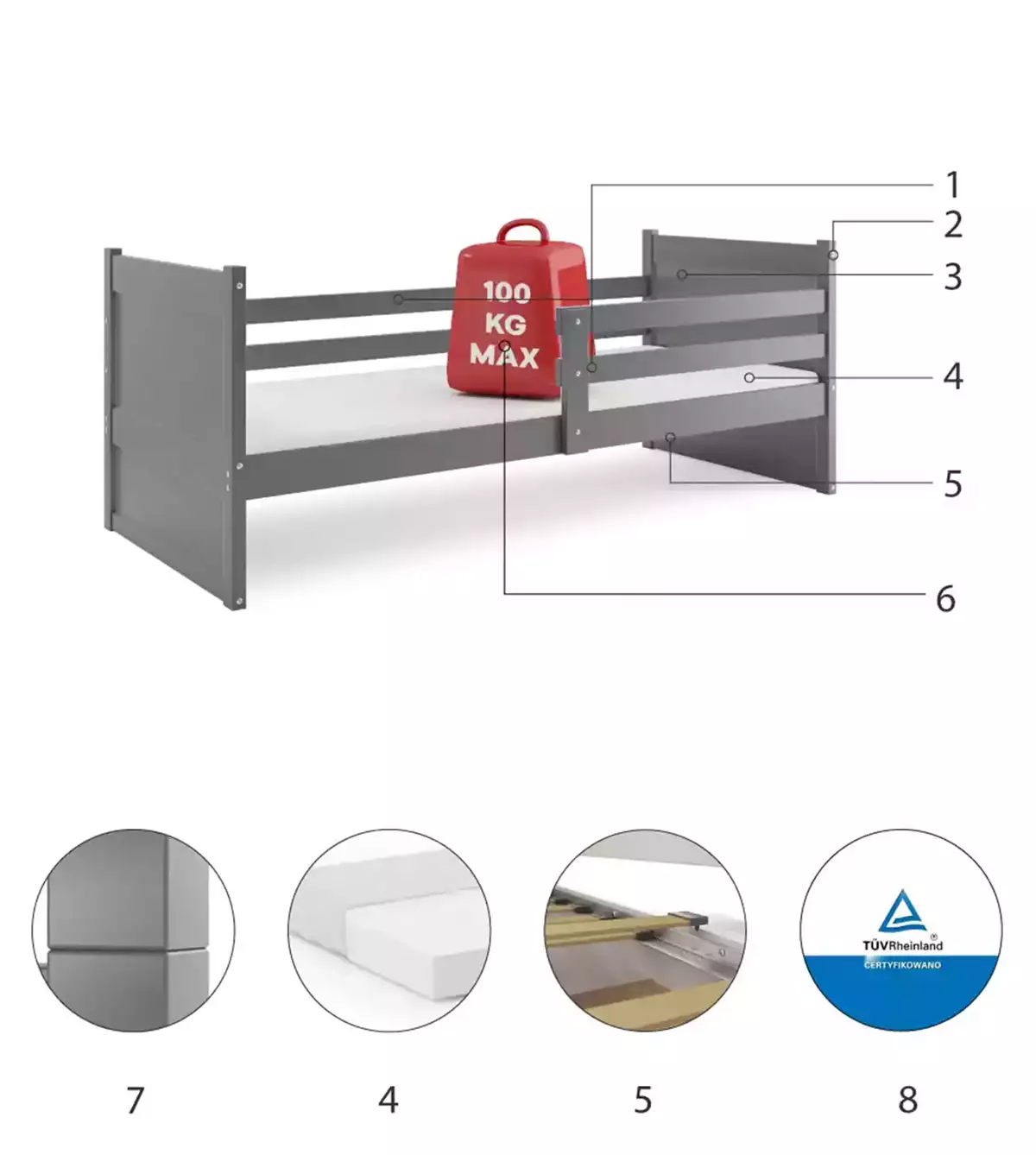 Komponenty pro jednolůžkovou postel pro mládež RICO 90X200 s matrací, grafit