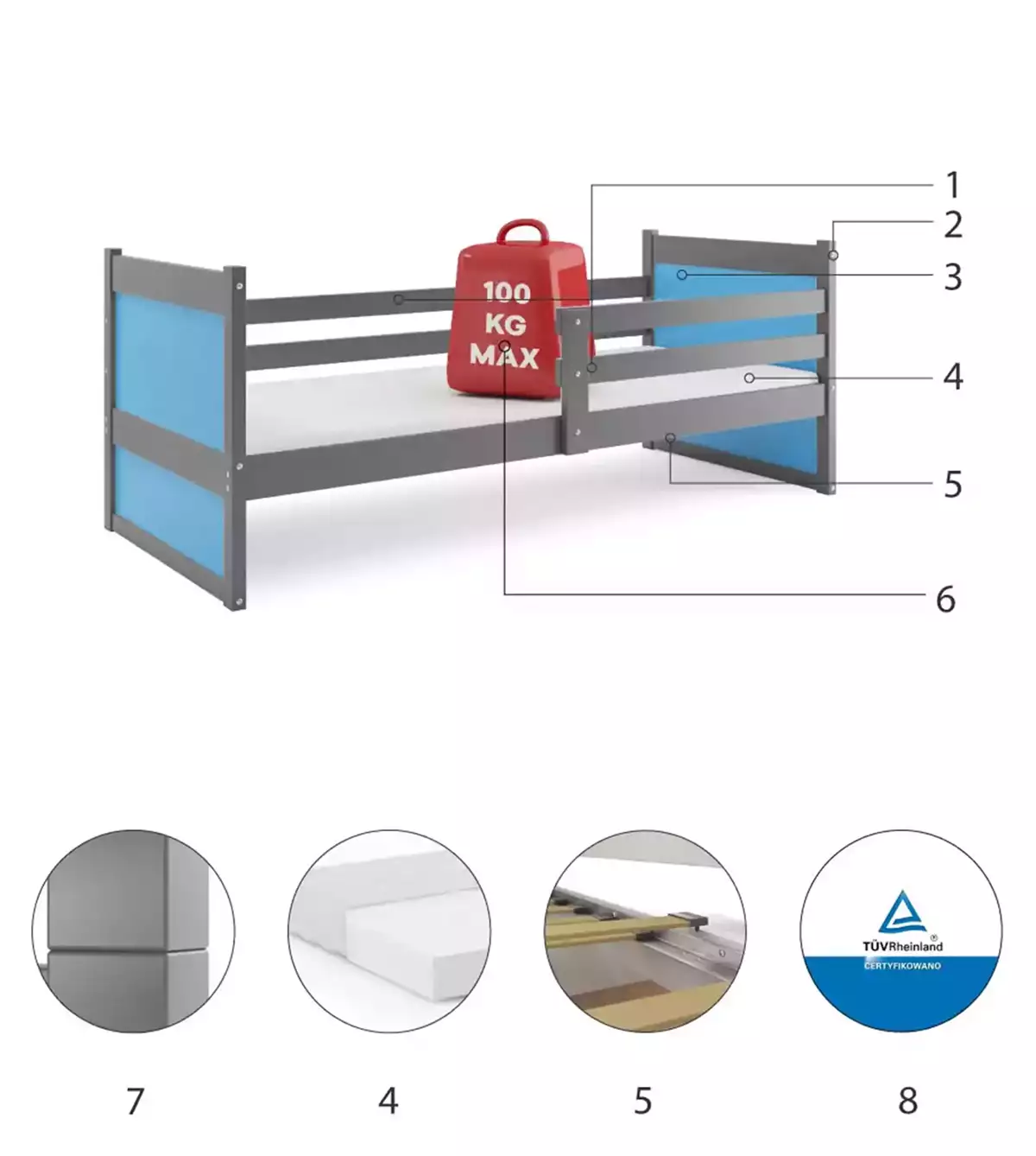Komponenty pro jednolůžko pro mládež RICO 90X200 s matrací, grafit/modrá