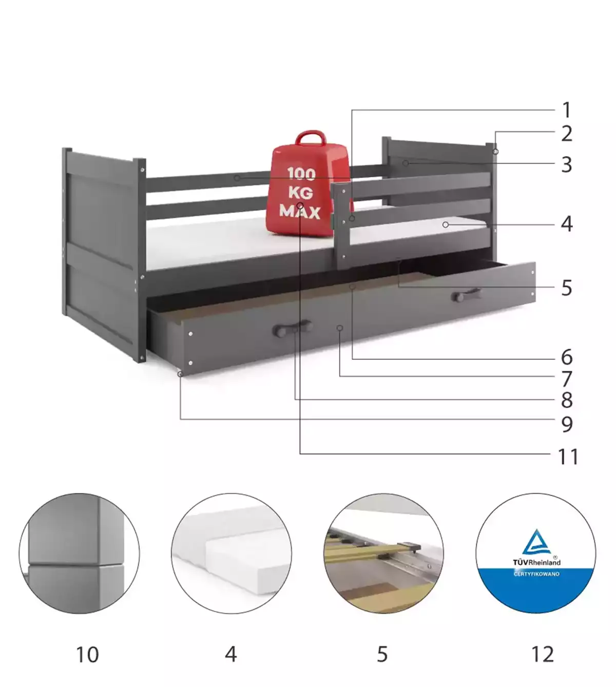 Komponenty pro Jednolůžkovou postel pro mládež RICO 90X200 s matrací a zásuvkou, grafit