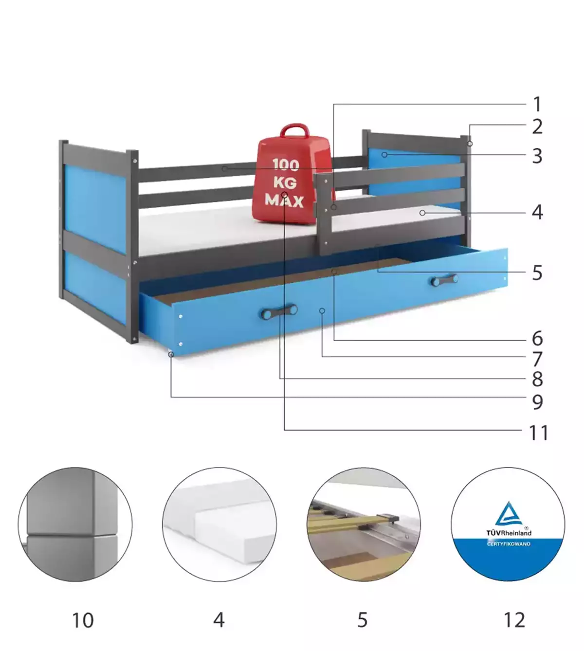 Komponenty pro RICO jednolůžkovou postel pro mládež 90X200 s matrací a zásuvkou, grafit/modrá