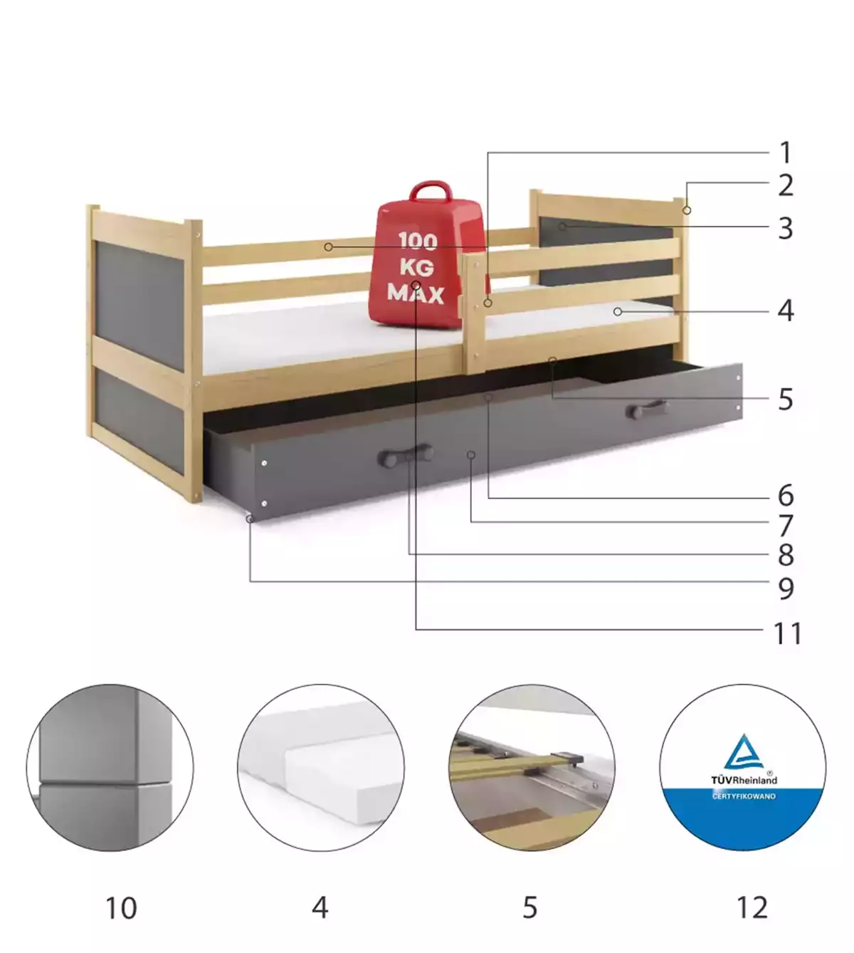 Komponenty pro jednolůžko pro mládež RICO 90X200 s matrací a zásuvkou, borovice/grafit
