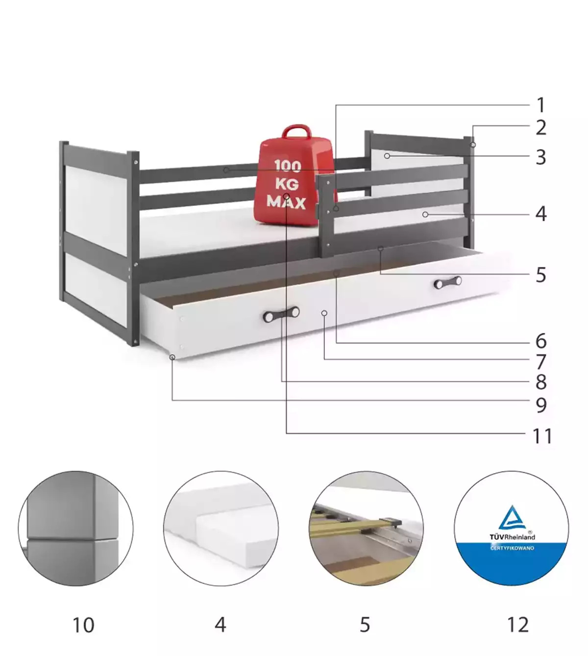 Komponenty pro jednolůžkovou postel pro mládež RICO 90X200 se zásuvkou, grafit/bílá