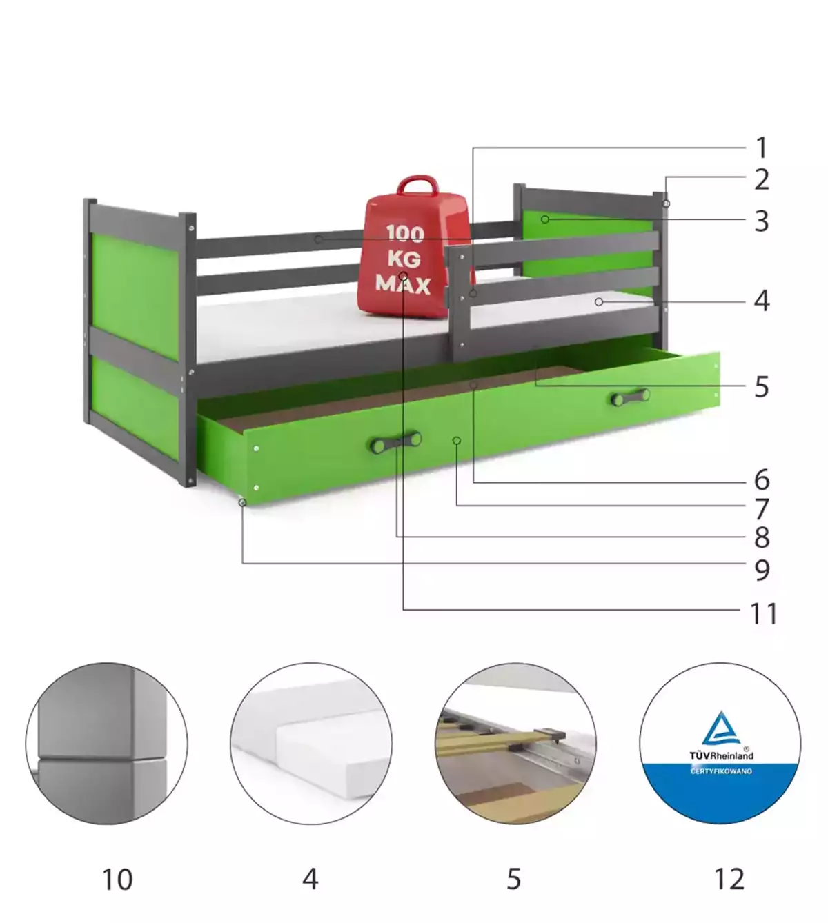 Komponenty pro jednolůžkovou postel pro mládež RICO 90X200 se zásuvkou, grafit/zelená
