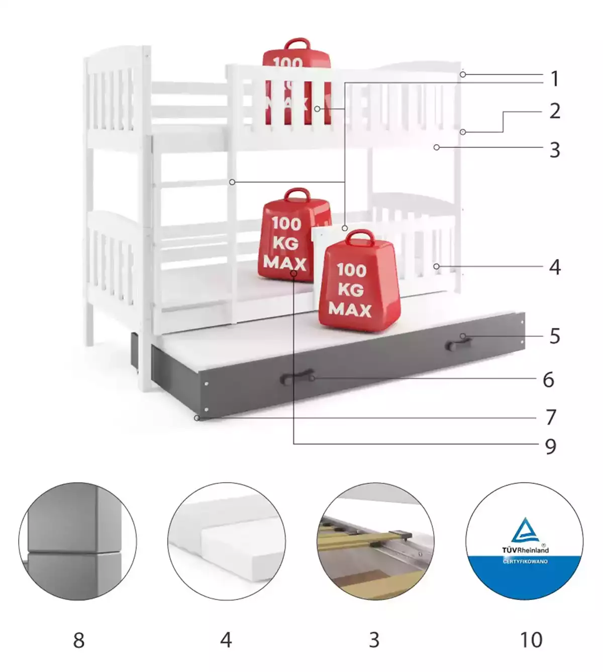 Komponenty pro třímístnou postel pro mládež KUBUŚ 80X190 s matrací a zásuvkou, bílá/grafit