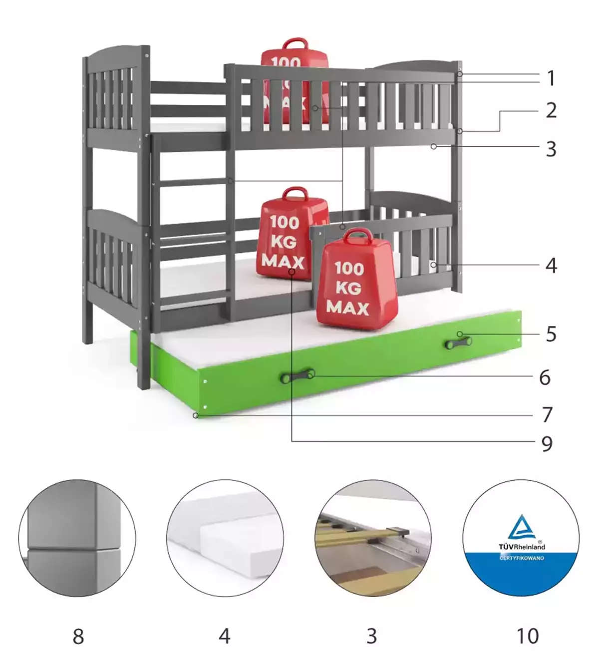 Komponenty pro třímístnou postel pro mládež KUBUŚ 80X190 se zásuvkou, grafit/zelená