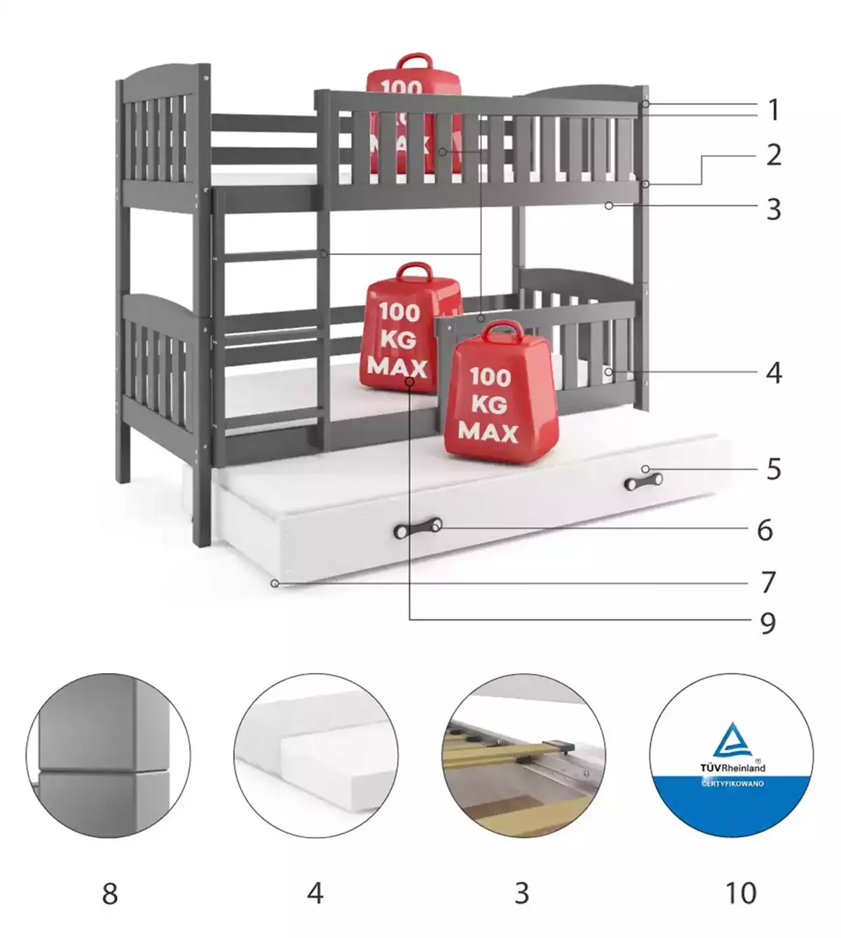 Komponenty pro třímístnou postel pro mládež KUBUŚ 90X200 s matrací a zásuvkou, grafit/bílá