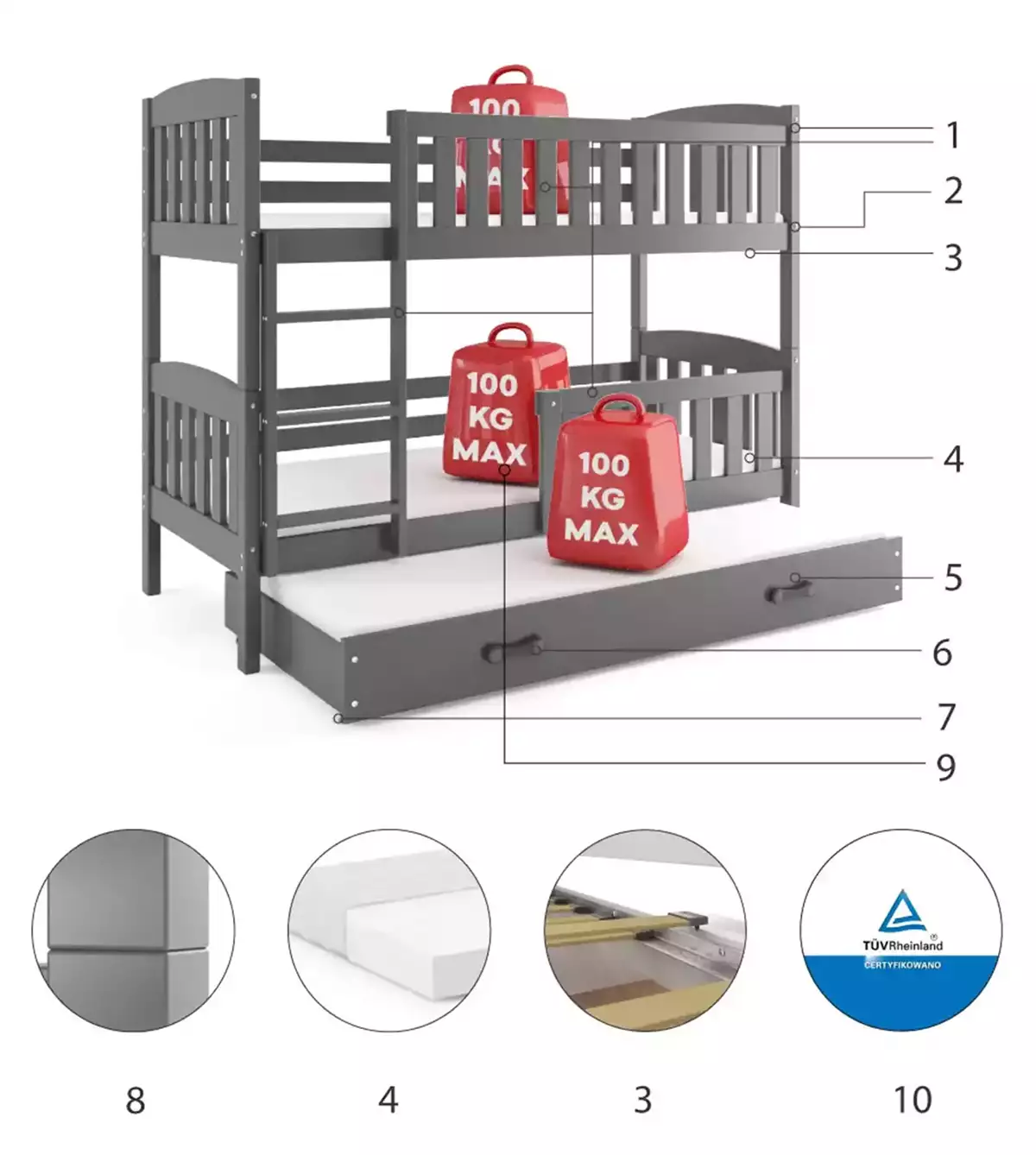 Komponenty pro třímístnou postel pro mládež KUBUŚ 90X200 s matrací a zásuvkou, grafit