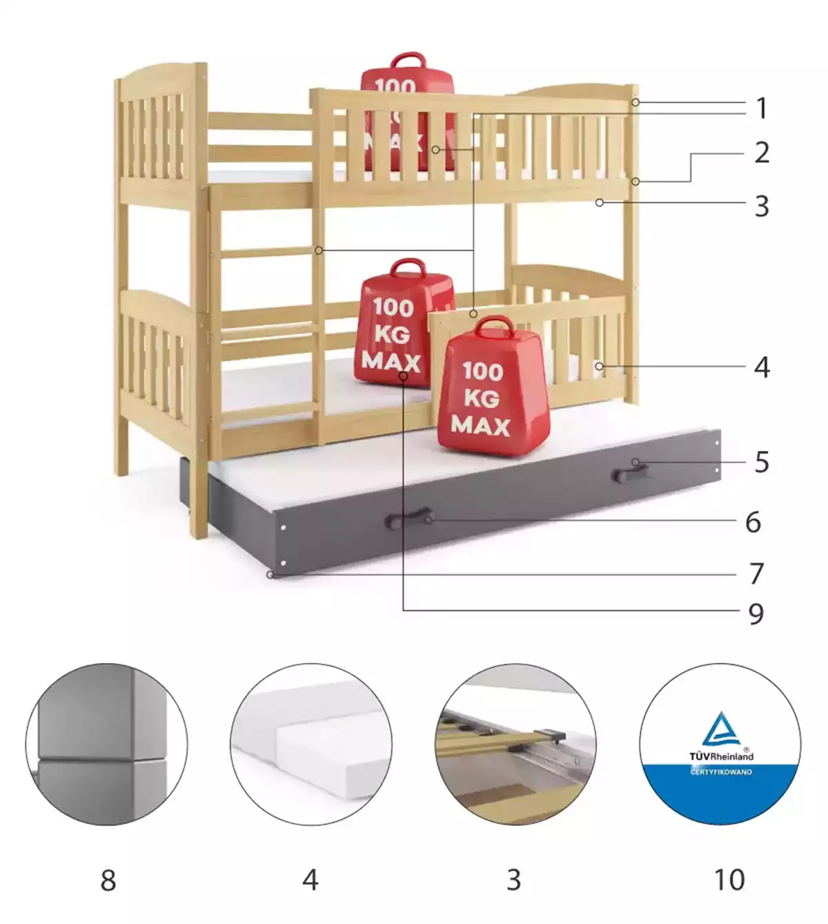 Komponenty pro třímístnou postel pro mládež KUBUŚ 90X200 s matrací a zásuvkou, borovice/grafit