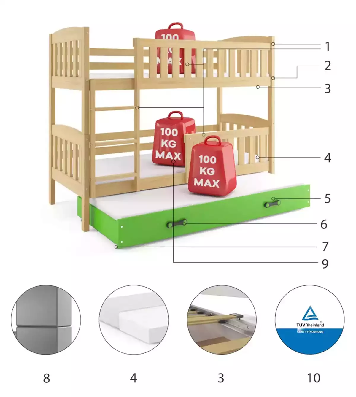 Komponenty pro třímístnou postel pro mládež KUBUŚ 90X200 s matrací a zásuvkou, borovice/zelená