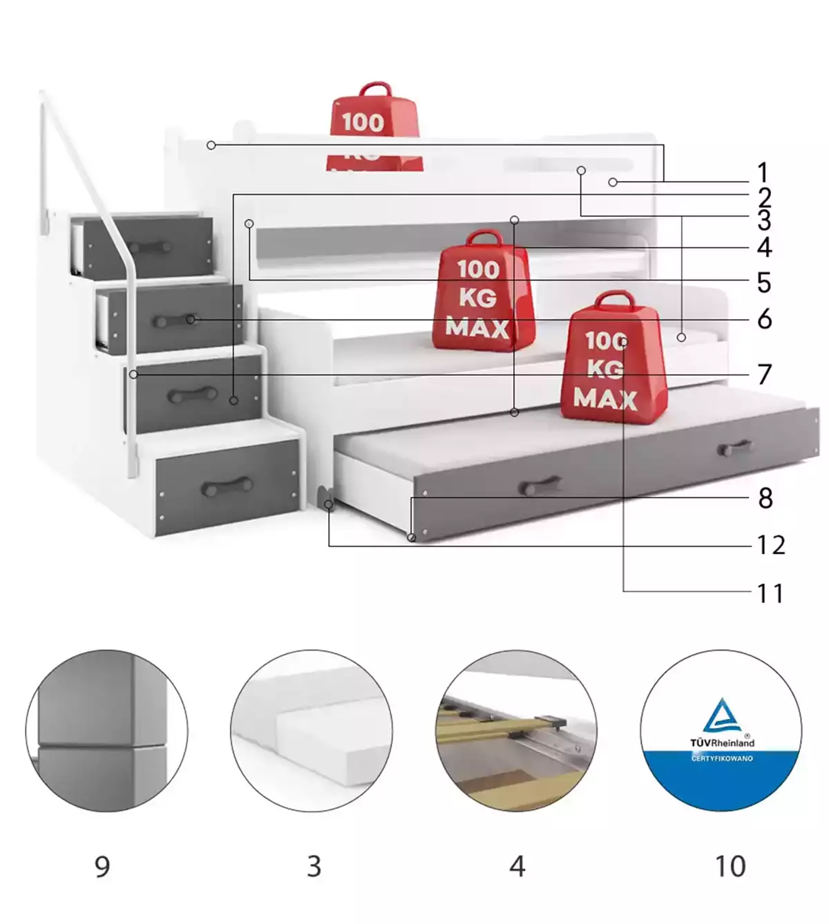 Komponenty pro třímístnou postel pro mládež MAX 1 80X200 s psacím stolem, grafit
