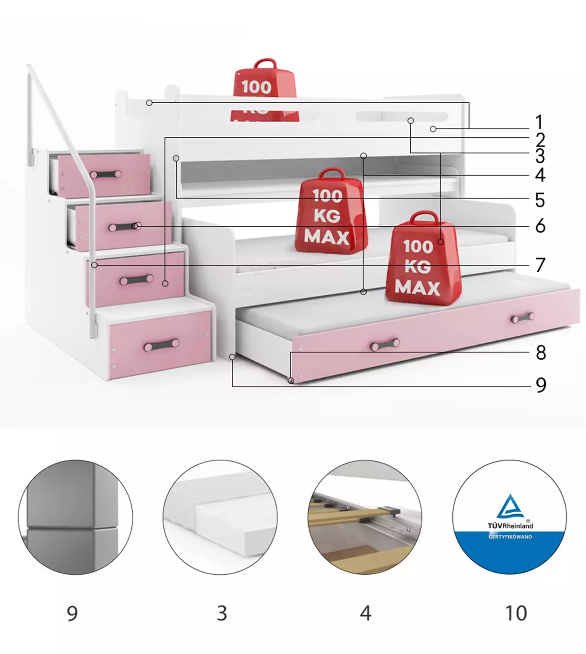 Komponenty pro třímístnou postel pro mládež MAX 1 80X200 s psacím stolem, růžová