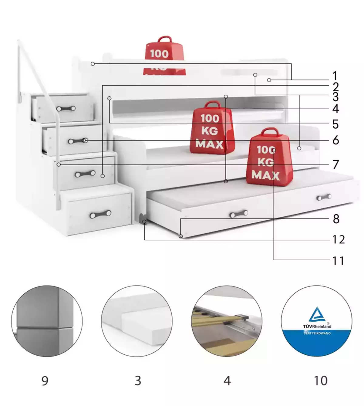 Komponenty pro třímístnou postel pro mládež MAX 1 80X200 s matrací a psacím stolem, bílá