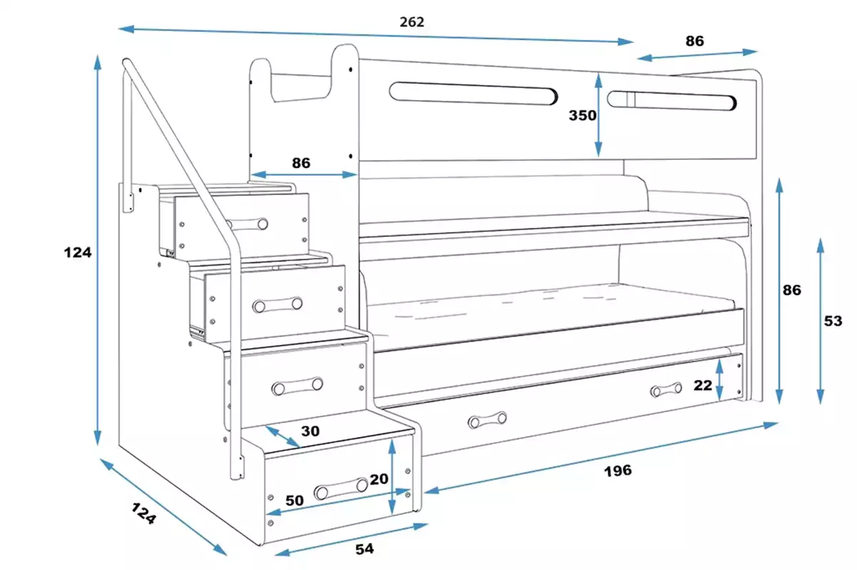 Rozměry a specifikace pro třímístné dětské lůžko MAX 1 80X200 s matrací a psacím stolem, bílá