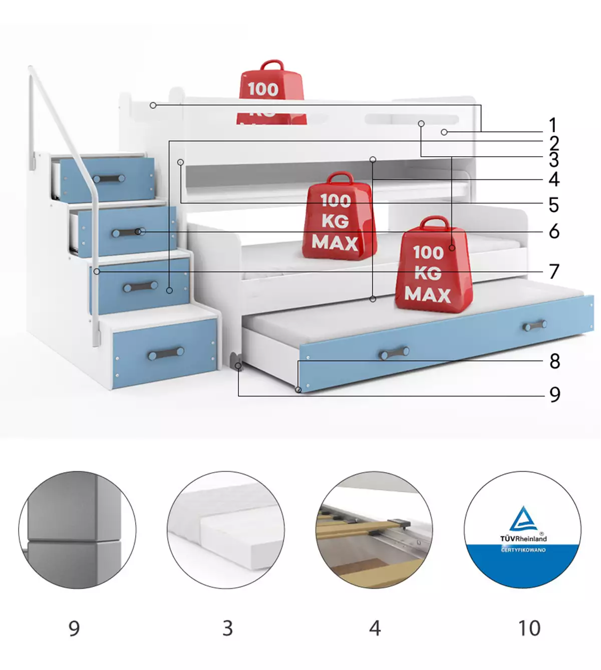 Komponenty pro třímístnou postel pro mládež MAX 1 80X200 s matrací a psacím stolem, modrá