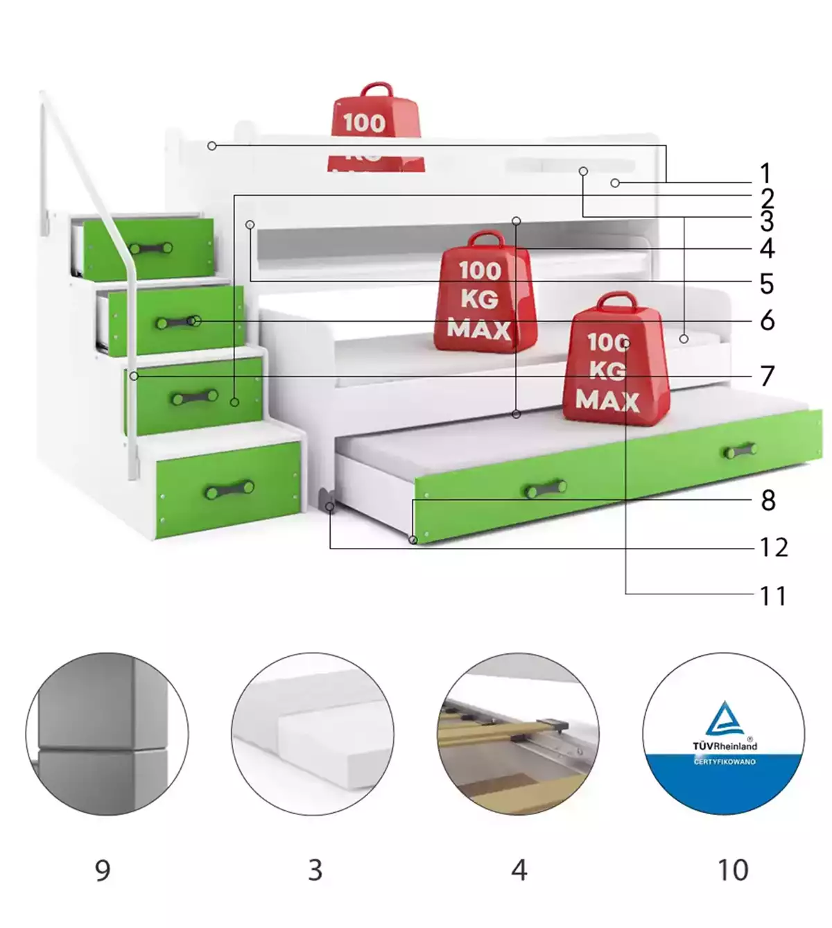 Komponenty pro třímístnou postel pro mládež MAX 1 80X200 s matrací a psacím stolem, zelená