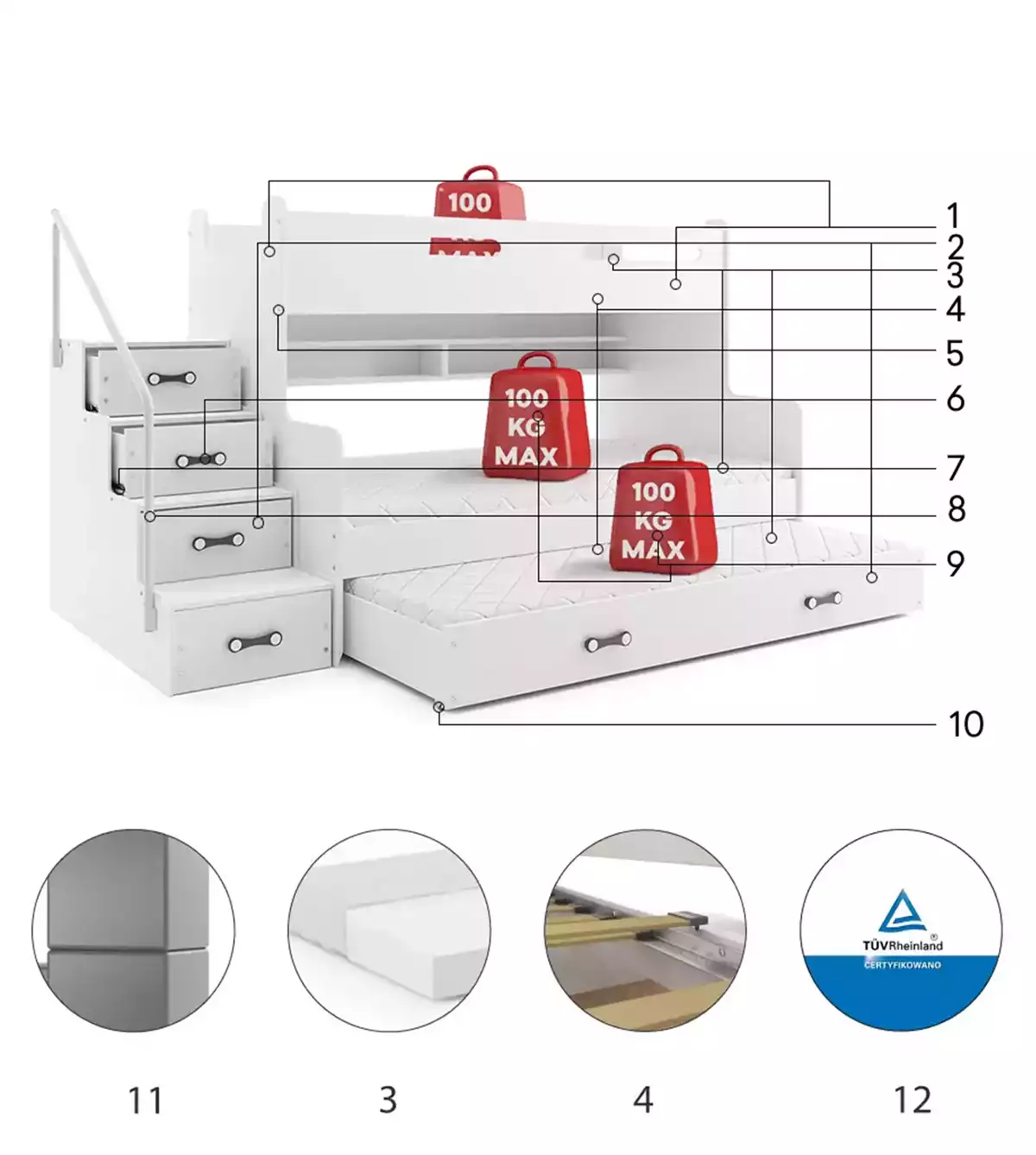 Komponenty pro třímístnou postel pro mládež MAX 3 120X200 s matrací a zásuvkou, bílá