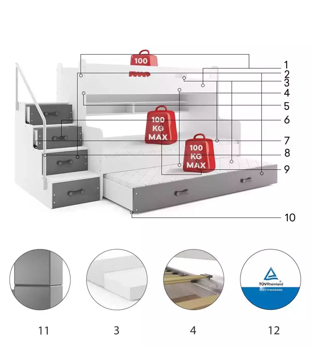 Komponenty pro třímístnou postel pro mládež MAX 3 120X200 s matrací a zásuvkou, grafit