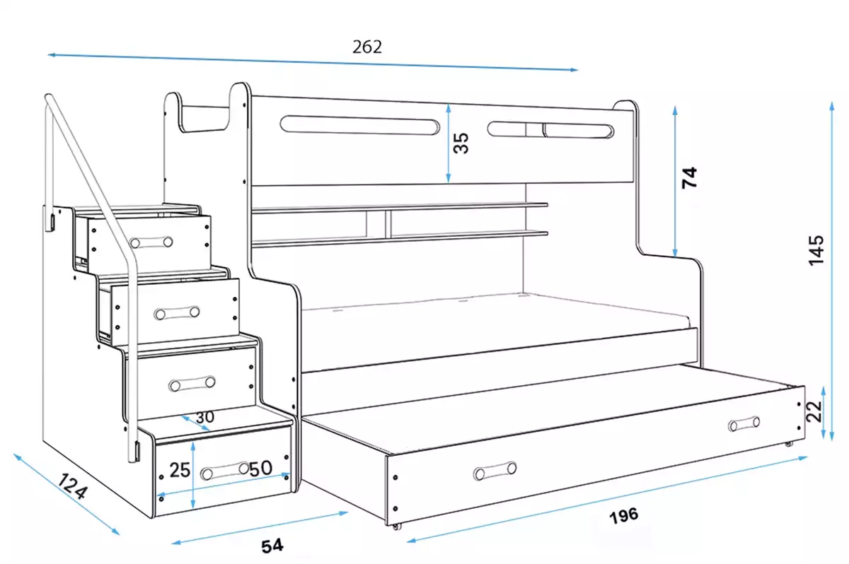 Rozměry a specifikace pro třímístné dětské lůžko MAX 3 120X200 s matrací a zásuvkou, grafit