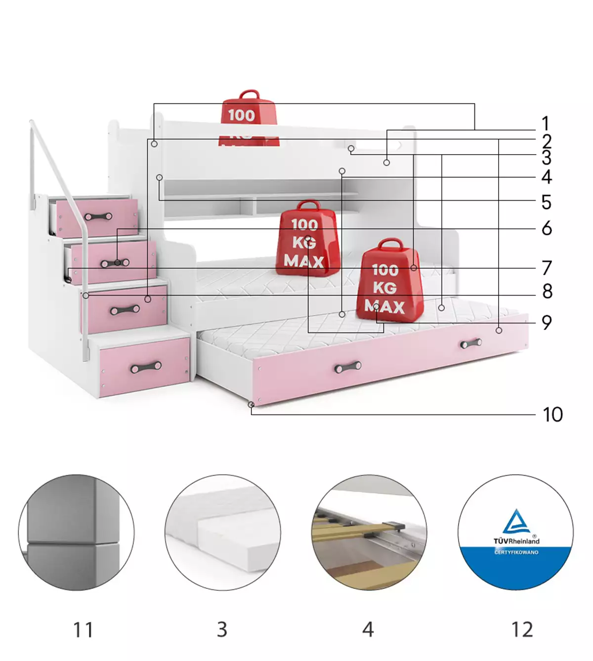 Komponenty pro třímístnou postel pro mládež MAX 3 120X200 se zásuvkou, růžová