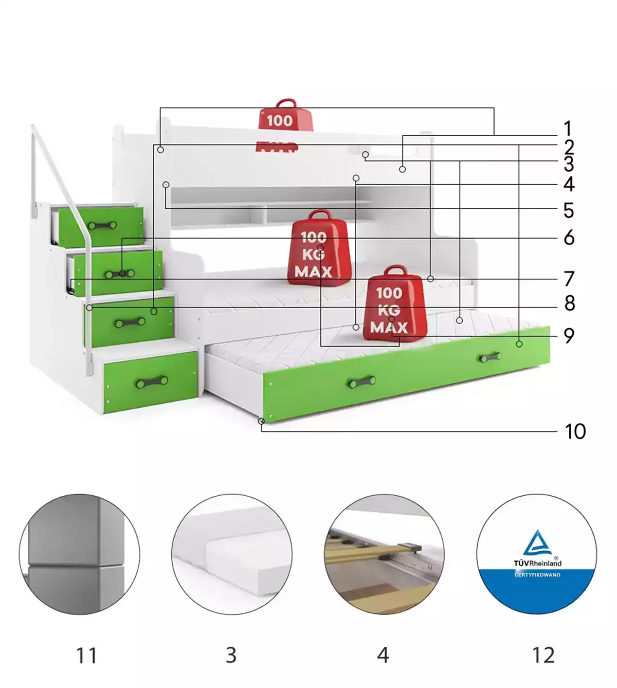 Komponenty pro třímístnou postel pro mládež MAX 3 120X200 se zásuvkou, zelená