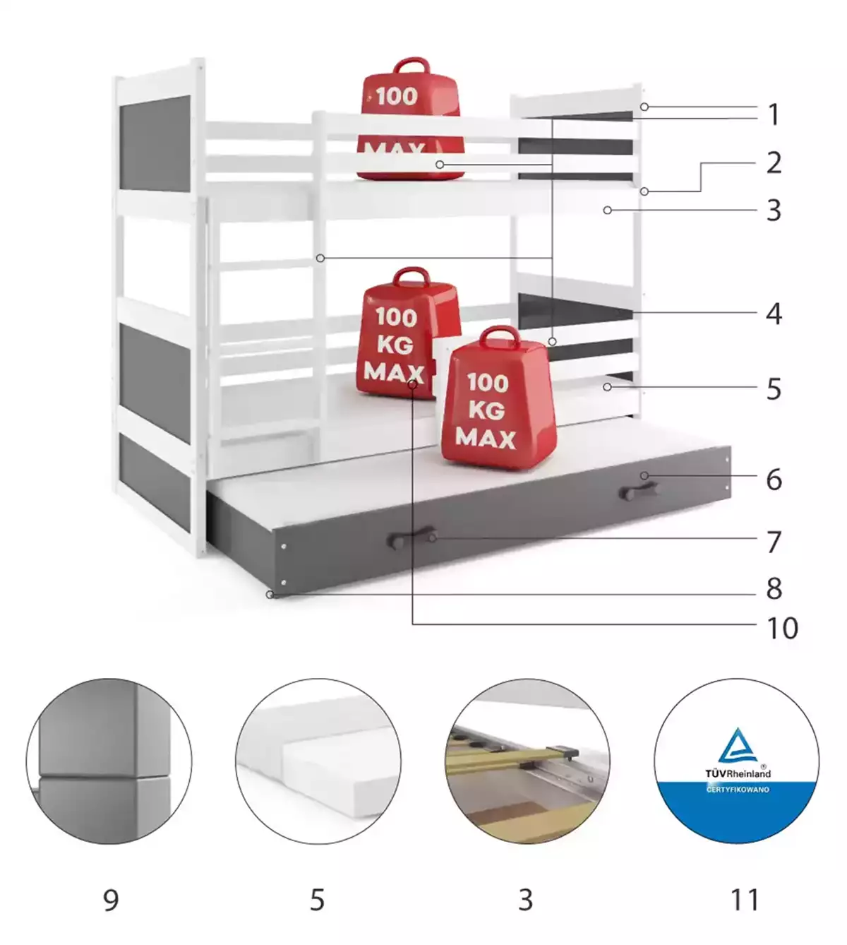 Komponenty pro třímístnou postel pro mládež RICO 90X200 s matrací a zásuvkou, bílá/grafit