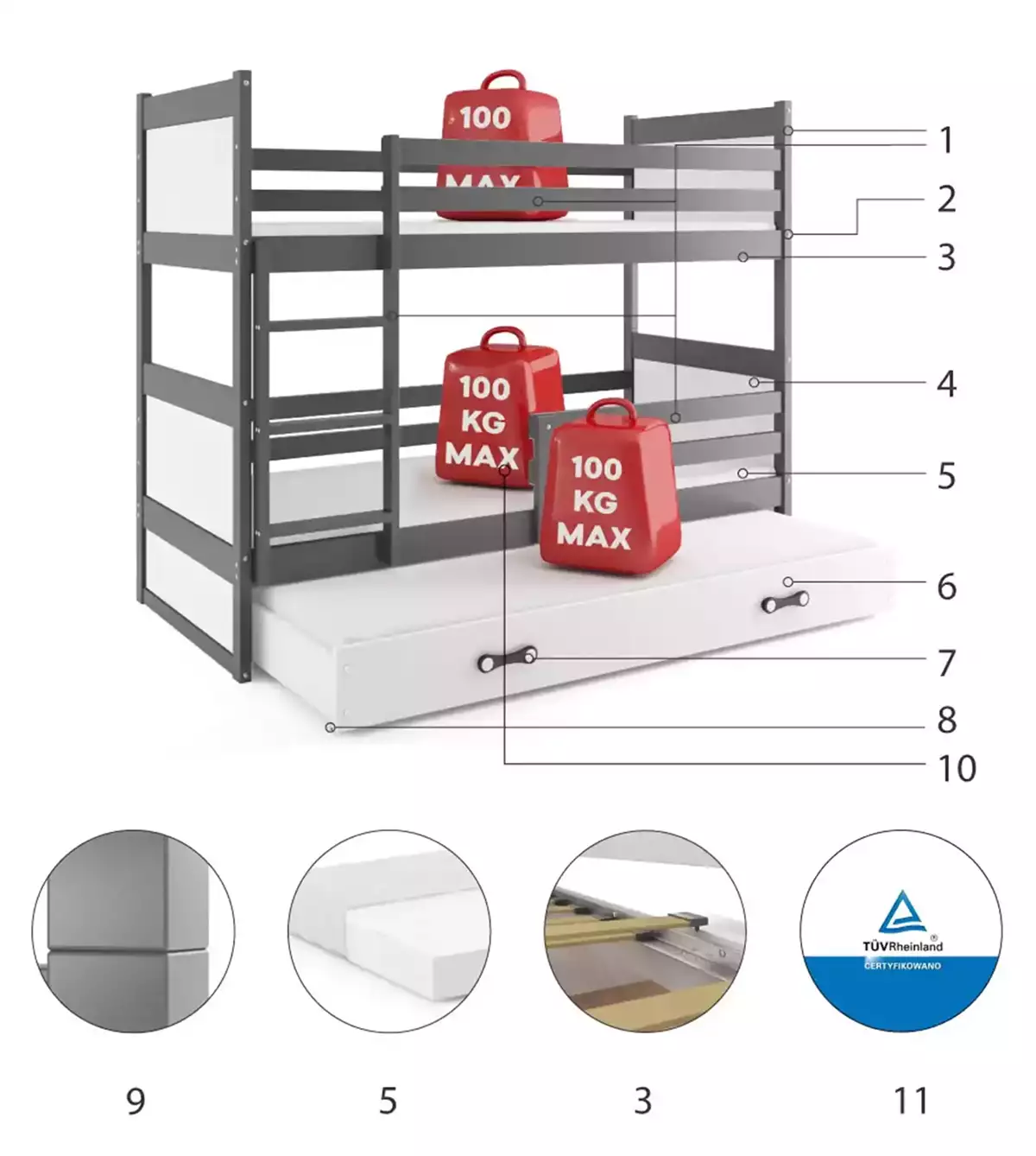 Komponenty pro třímístnou postel pro mládež RICO 90X200 s matrací a zásuvkou, grafit/bílá