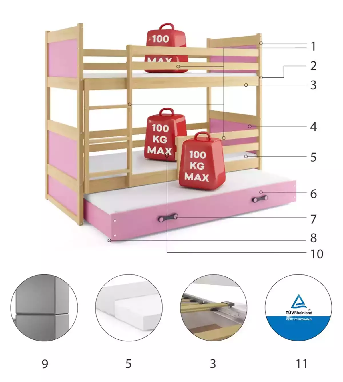 Komponenty pro třímístnou postel pro mládež RICO 90X200 se zásuvkou, borovice/růžová