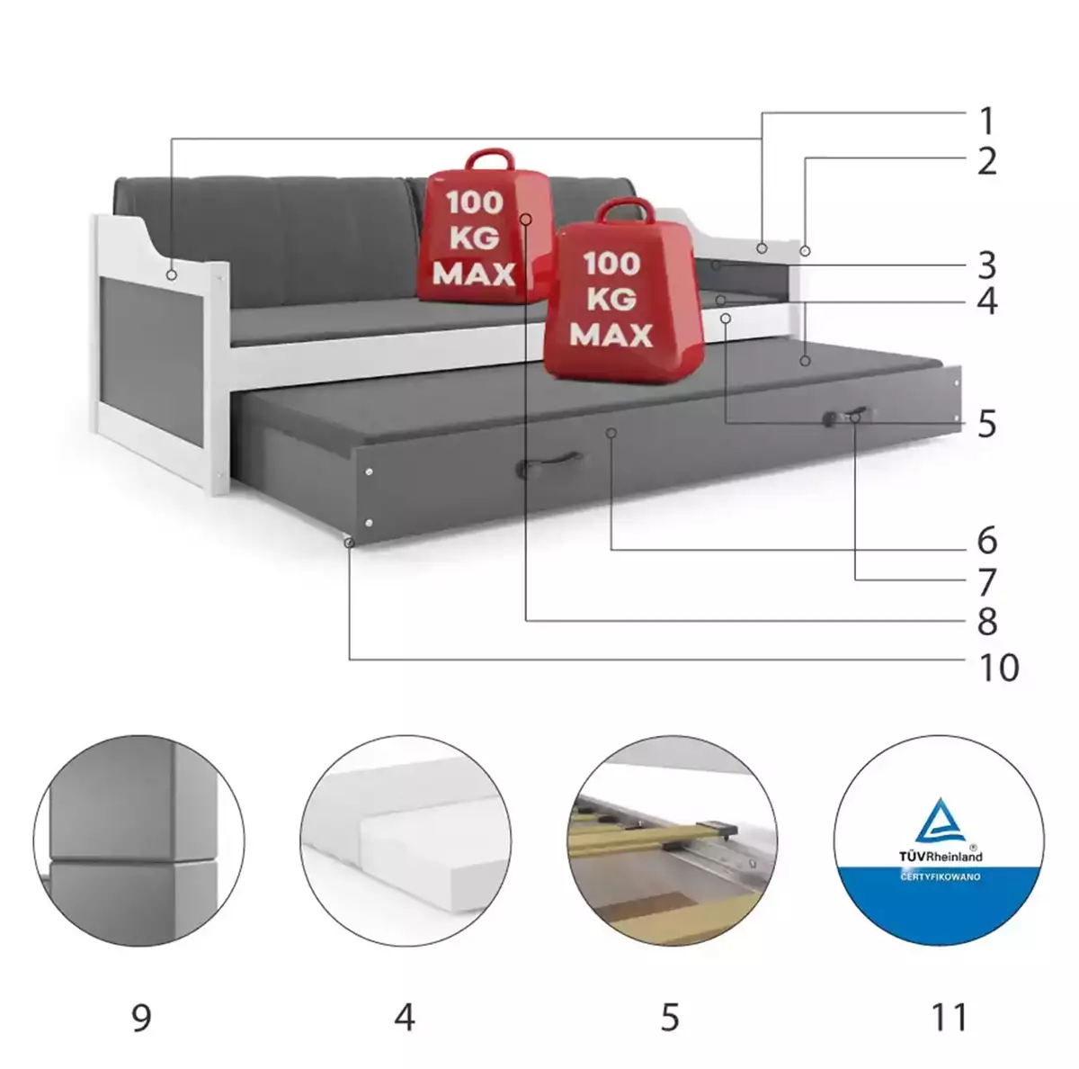 Komponenty pro výsuvnou postel pro mládež DAWID 90X200 s matrací a zásuvkou, bílá/grafit