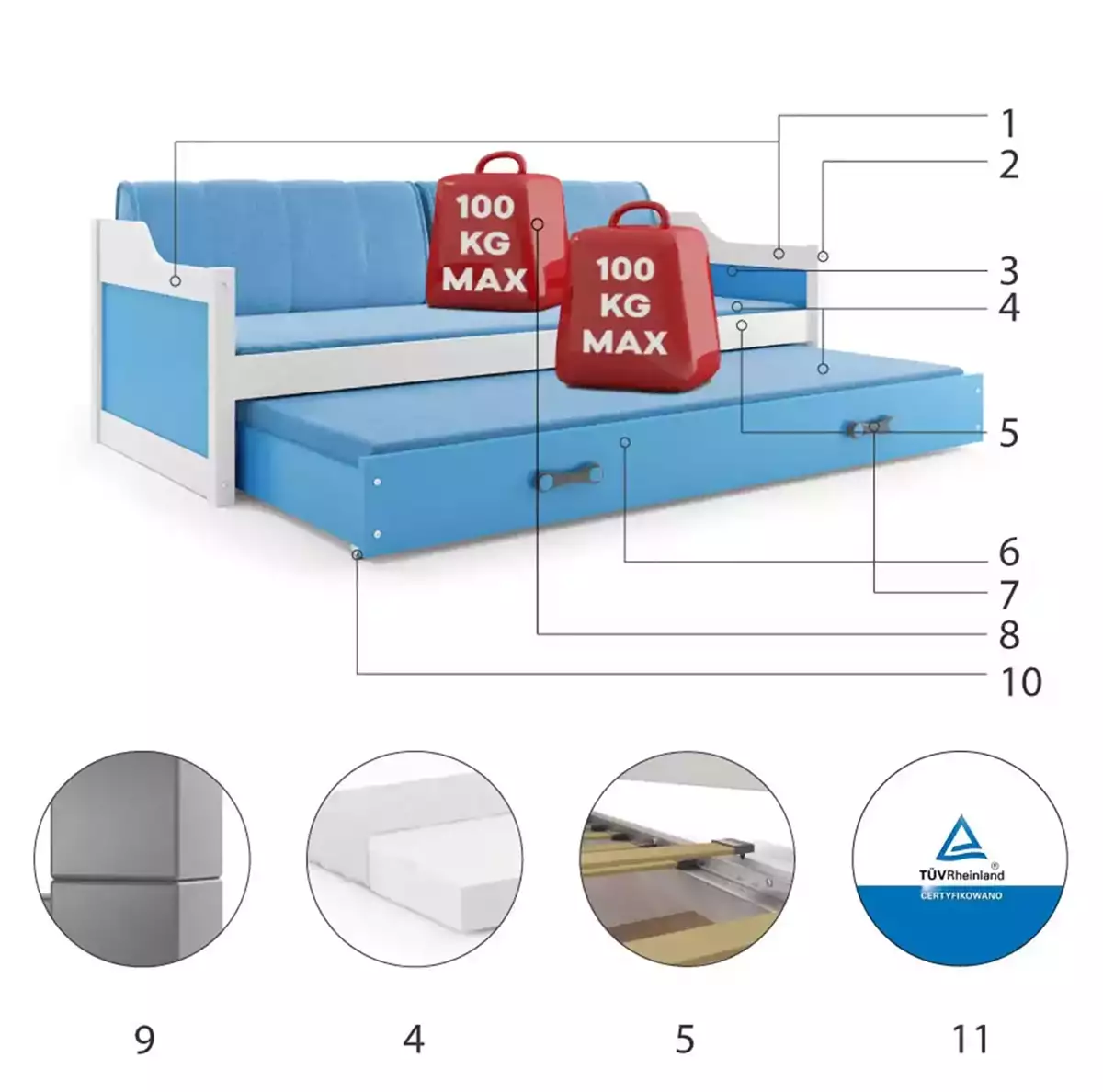 Komponenty pro výsuvnou postel pro mládež DAWID 90X200 s matrací a zásuvkou, bílá/modrá