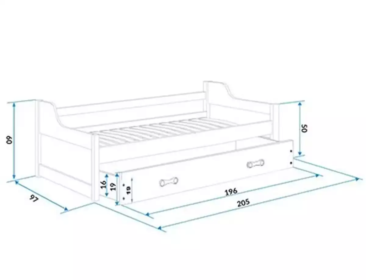 Rozměry a specifikace pro DAWID 90X200 výsuvná postel pro mládež s matrací a šuplíkem, bílá/růžová