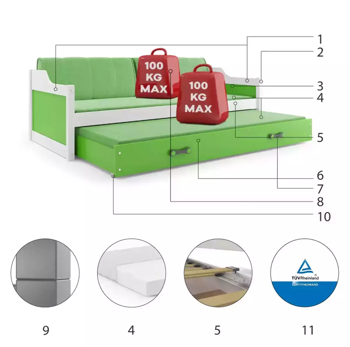 Komponenty pro výsuvnou postel pro mládež DAWID 90X200 s matrací a zásuvkou, bílá/zelená