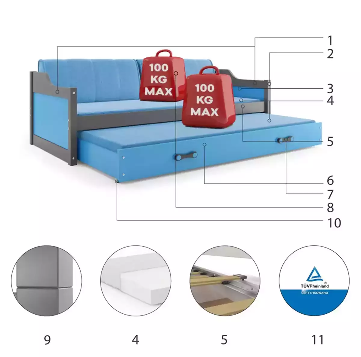 Komponenty pro výsuvnou postel pro mládež DAWID 90X200 s matrací a zásuvkou, grafit/modrá