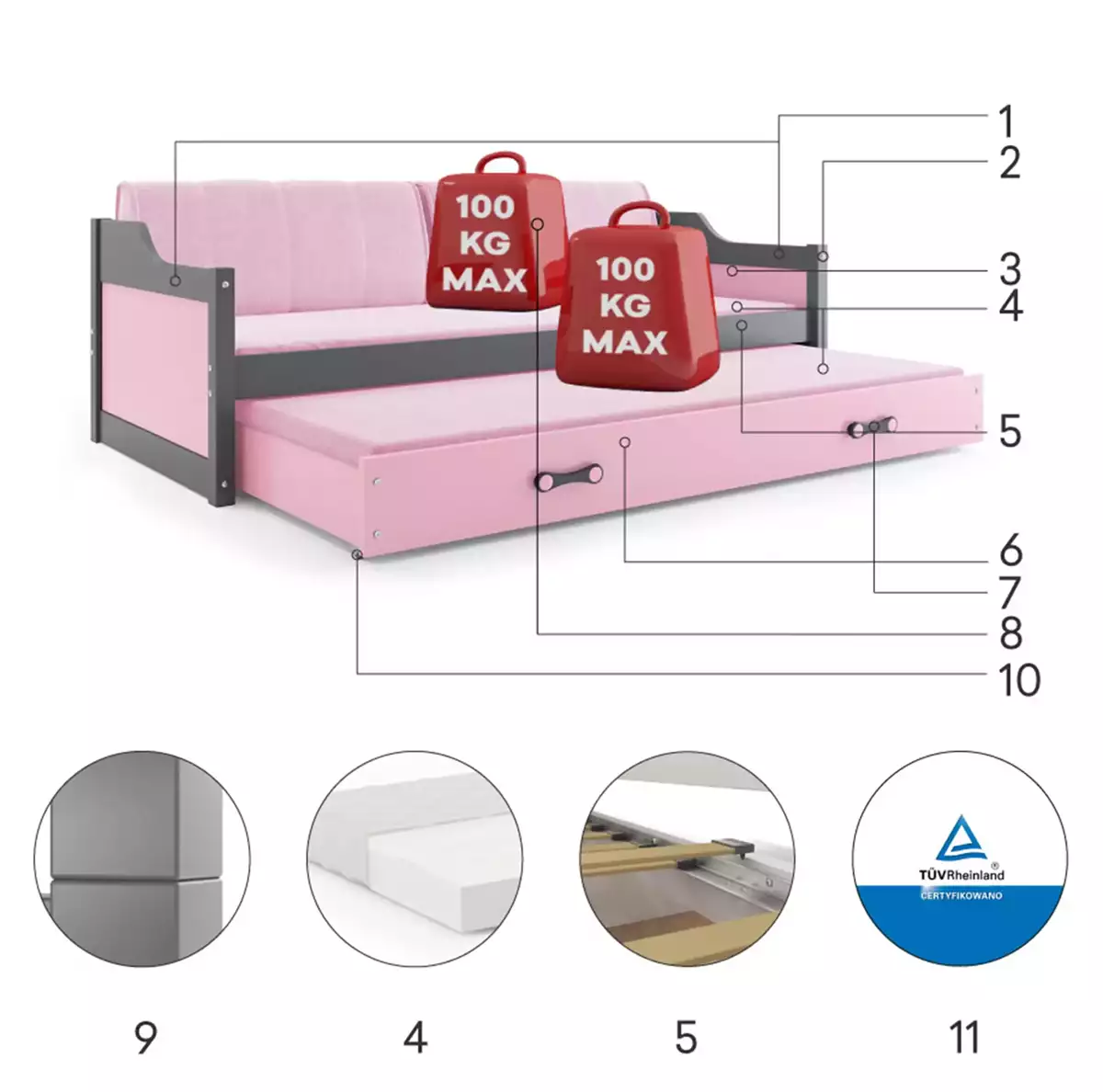 Komponenty pro výsuvnou postel pro mládež DAWID 90X200 s matrací a zásuvkou, grafit/růžová