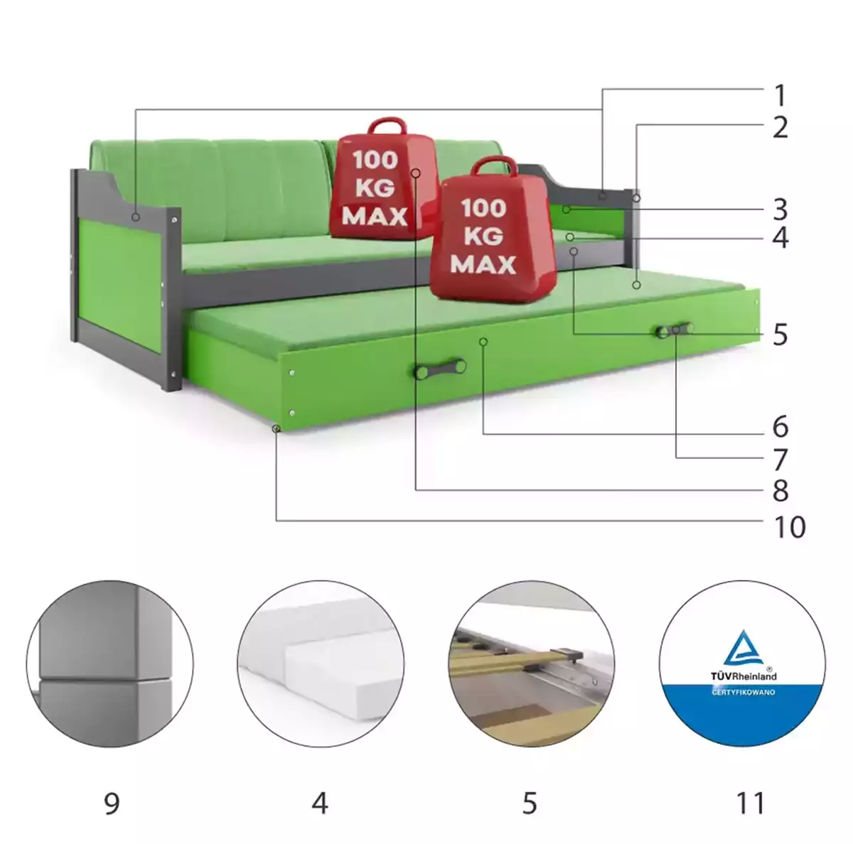 Komponenty pro výsuvnou postel pro mládež DAWID 90X200 s matrací a zásuvkou, grafit/zelená