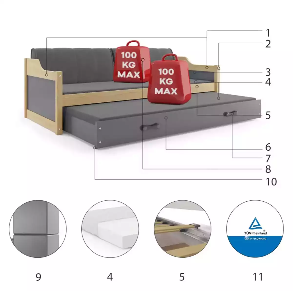 Komponenty pro výsuvnou postel pro mládež DAWID 90X200 s matrací a zásuvkou, borovice/grafit