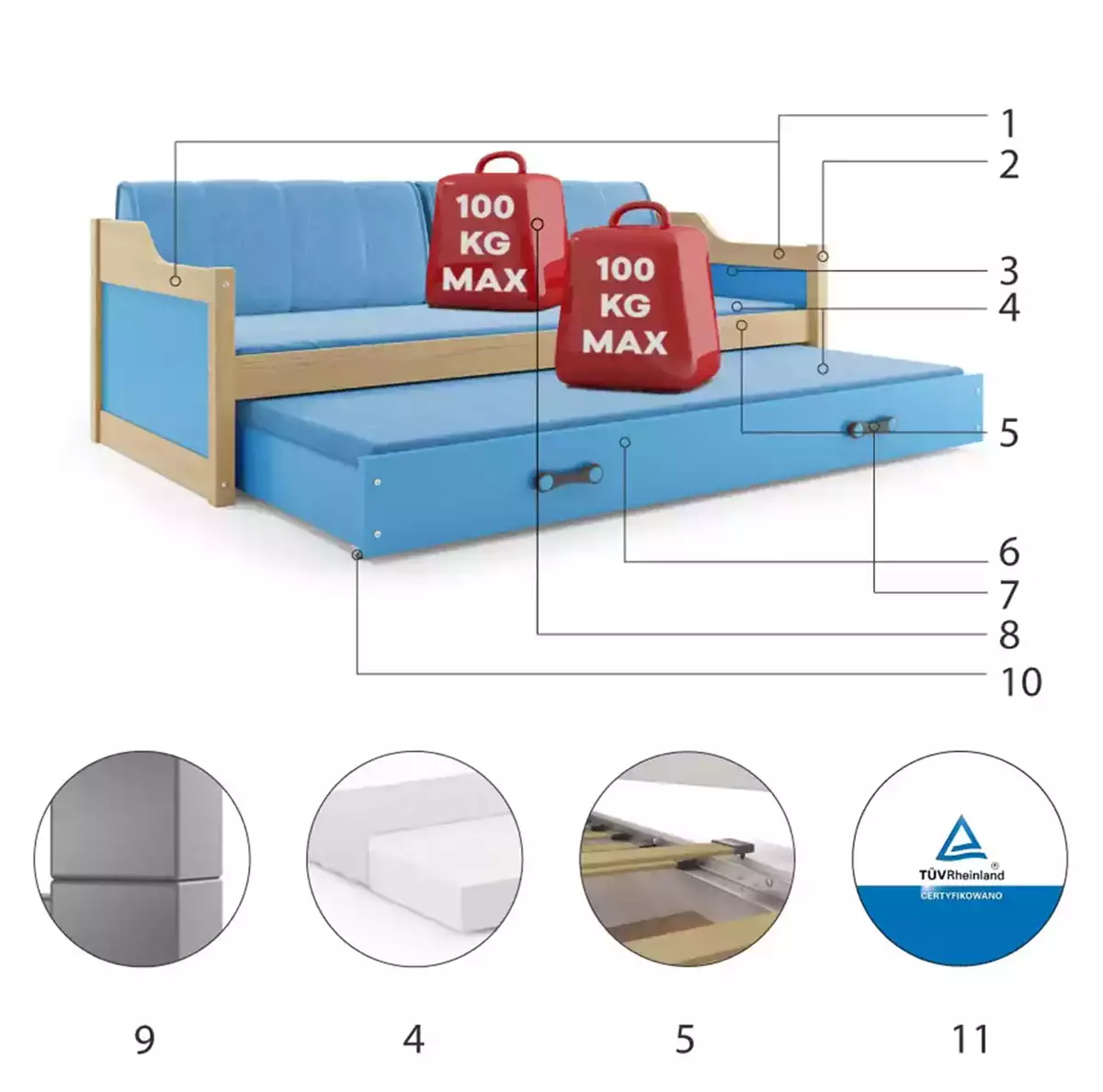 Komponenty pro výsuvnou postel pro mládež DAWID 90X200 s matrací a zásuvkou, borovice/modrá