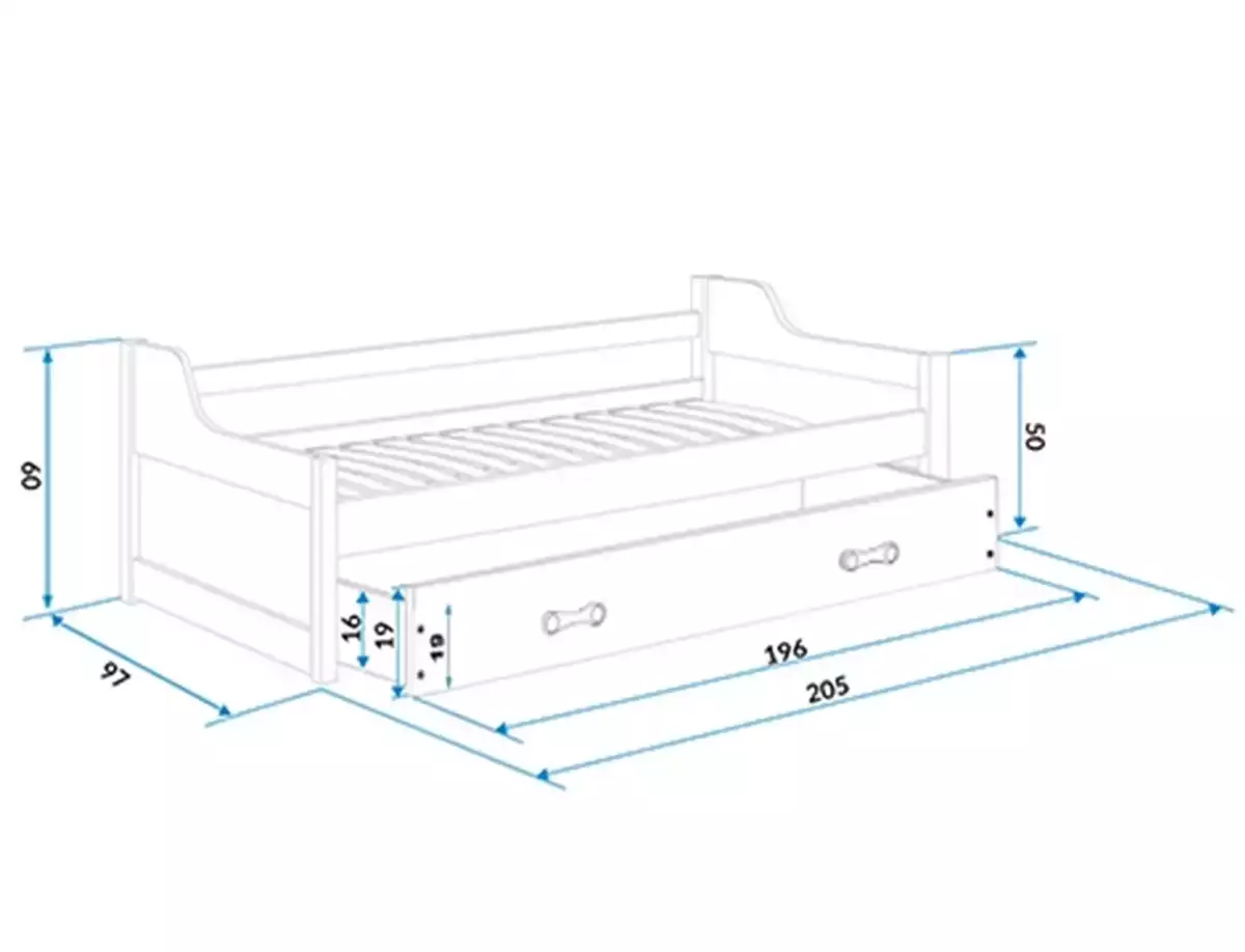 Rozměry a specifikace pro DAWID výsuvná postel pro teenagery 90X200 s matrací a šuplíkem, borovice/růžová