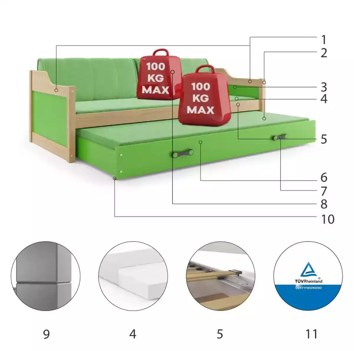 Komponenty pro výsuvnou postel pro mládež DAWID 90X200 s matrací a zásuvkou, borovice/zelená