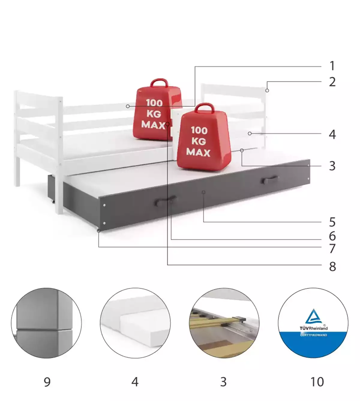 Komponenty pro výsuvnou postel pro mládež ERYK 80X190 s matrací a zásuvkou, bílá/grafit