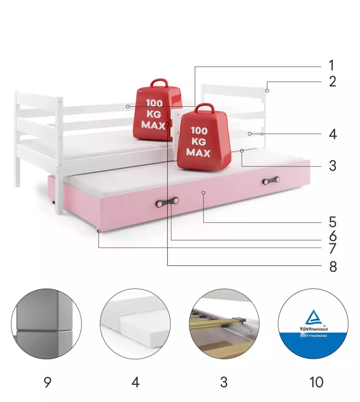 Komponenty pro výsuvnou postel ERYK pro teenagery 80X190 s matrací a šuplíkem, bílá/růžová