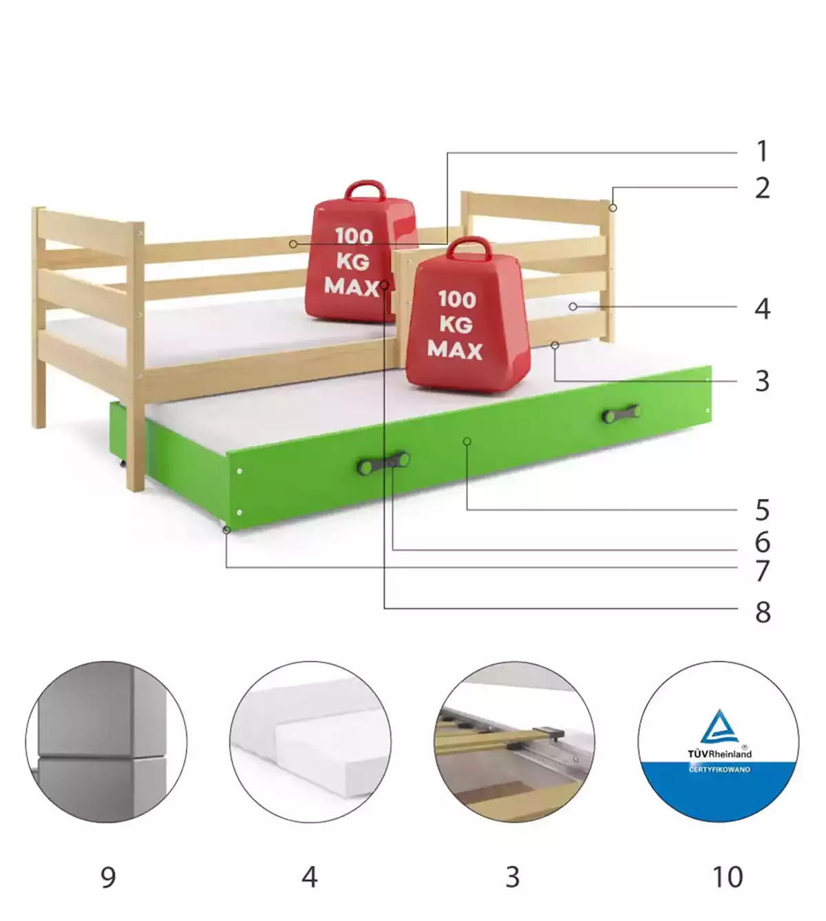 Komponenty pro výsuvnou postel pro mládež ERYK 80X190 s matrací a zásuvkou, borovice/zelená