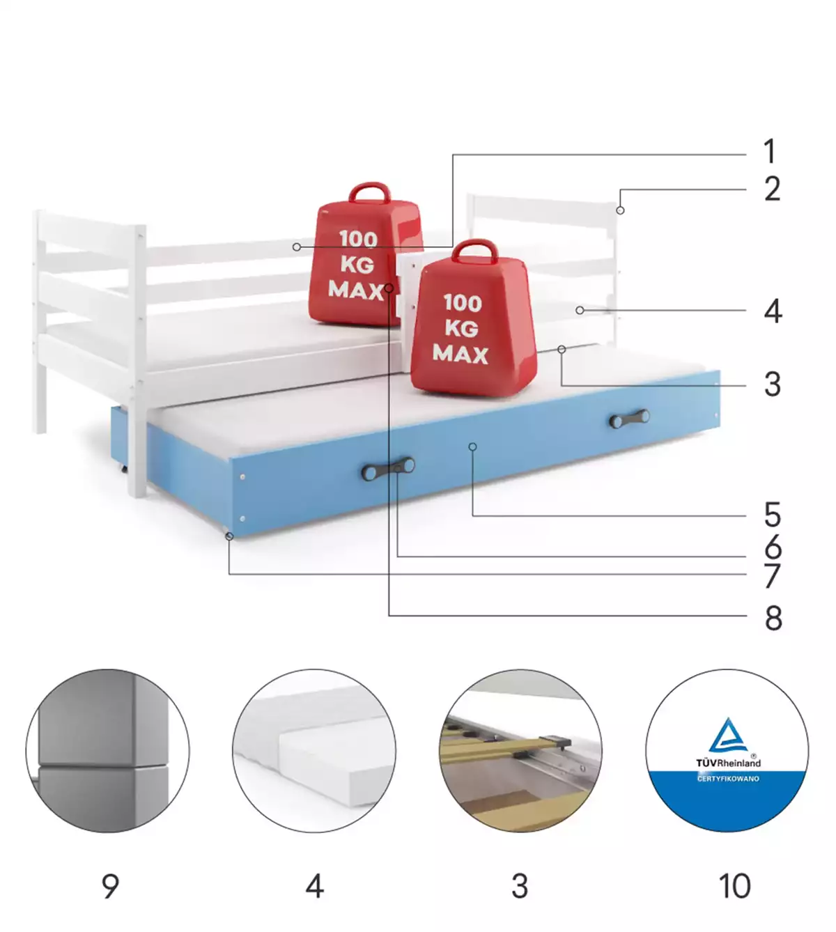 Komponenty pro výsuvnou postel pro mládež ERYK 80X190 se zásuvkou, bílá/modrá