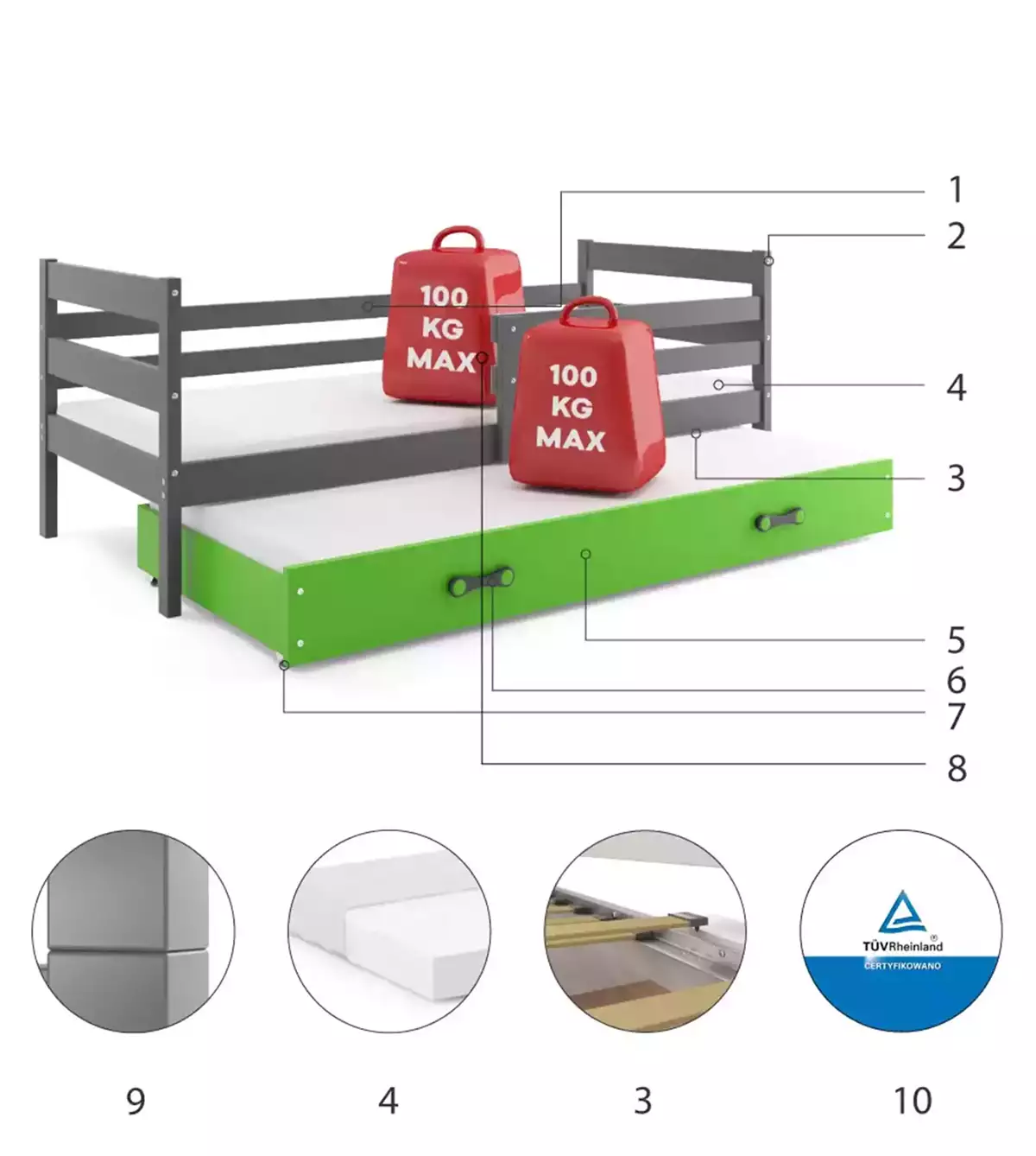 Komponenty pro výsuvnou postel pro mládež ERYK 80X190 se zásuvkou, grafit/zelená